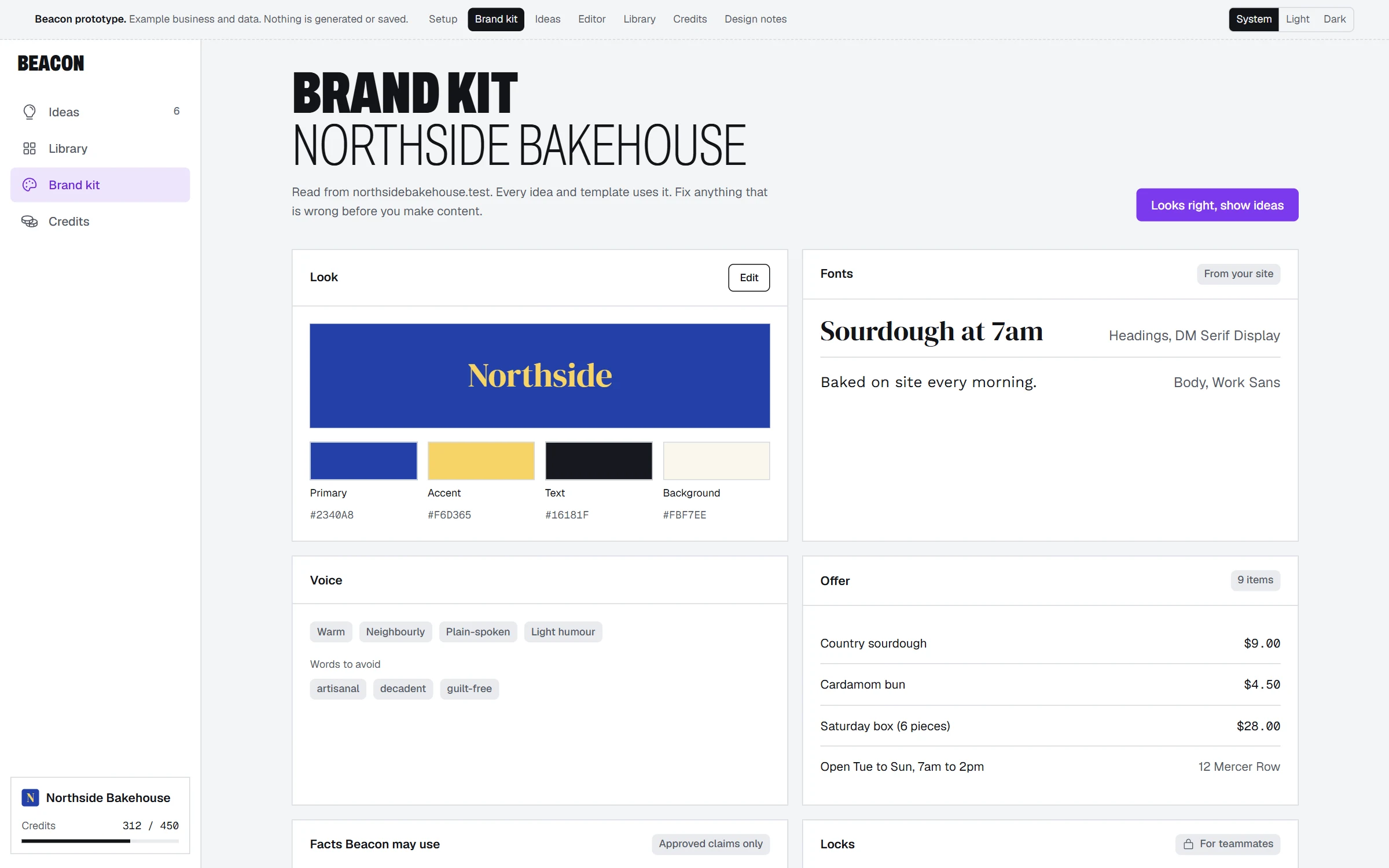 Beacon brand kit for an example bakery: colours, fonts, voice and prices read from its website