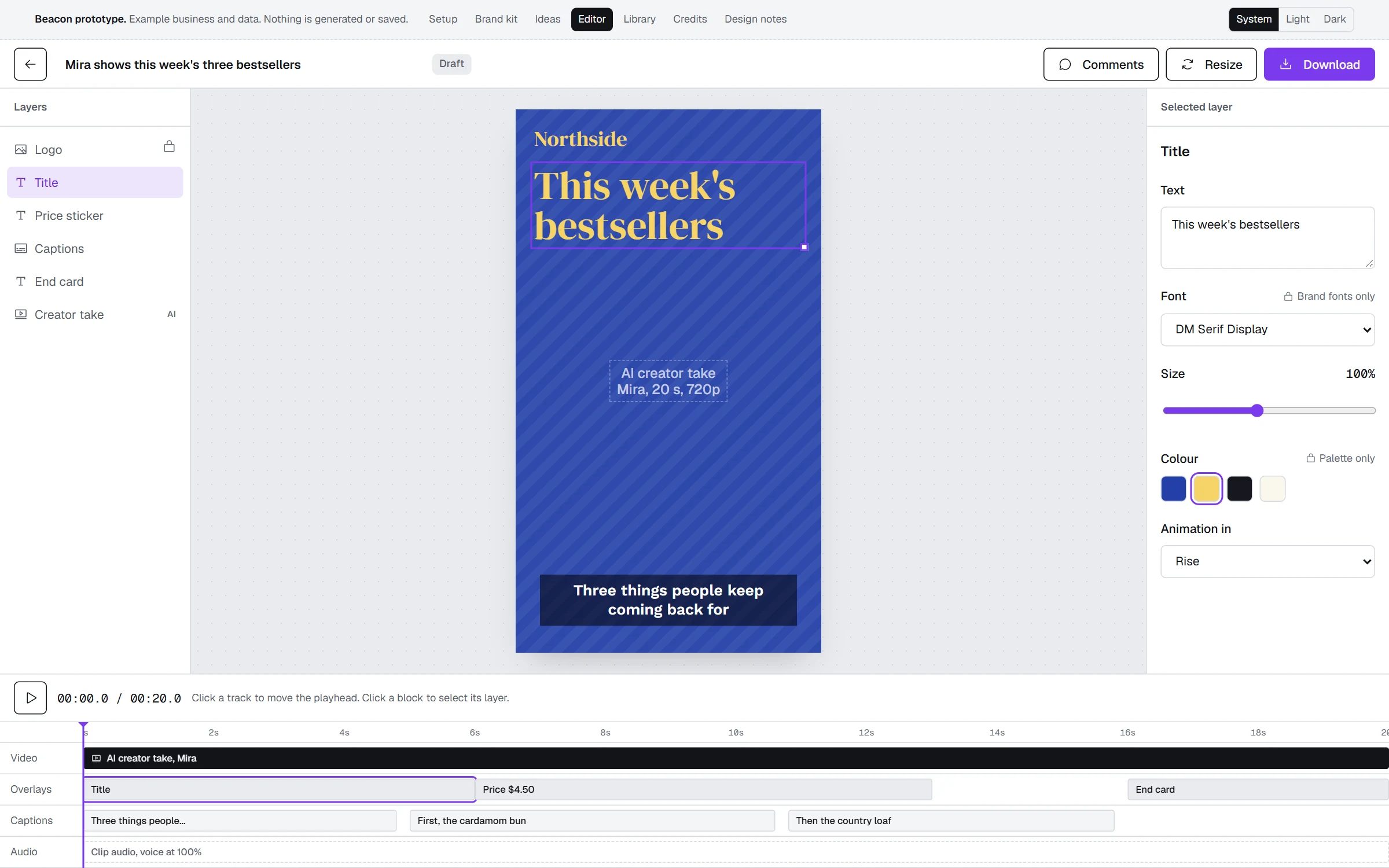 Beacon editor: a vertical video with editable title, price sticker, captions and a timeline