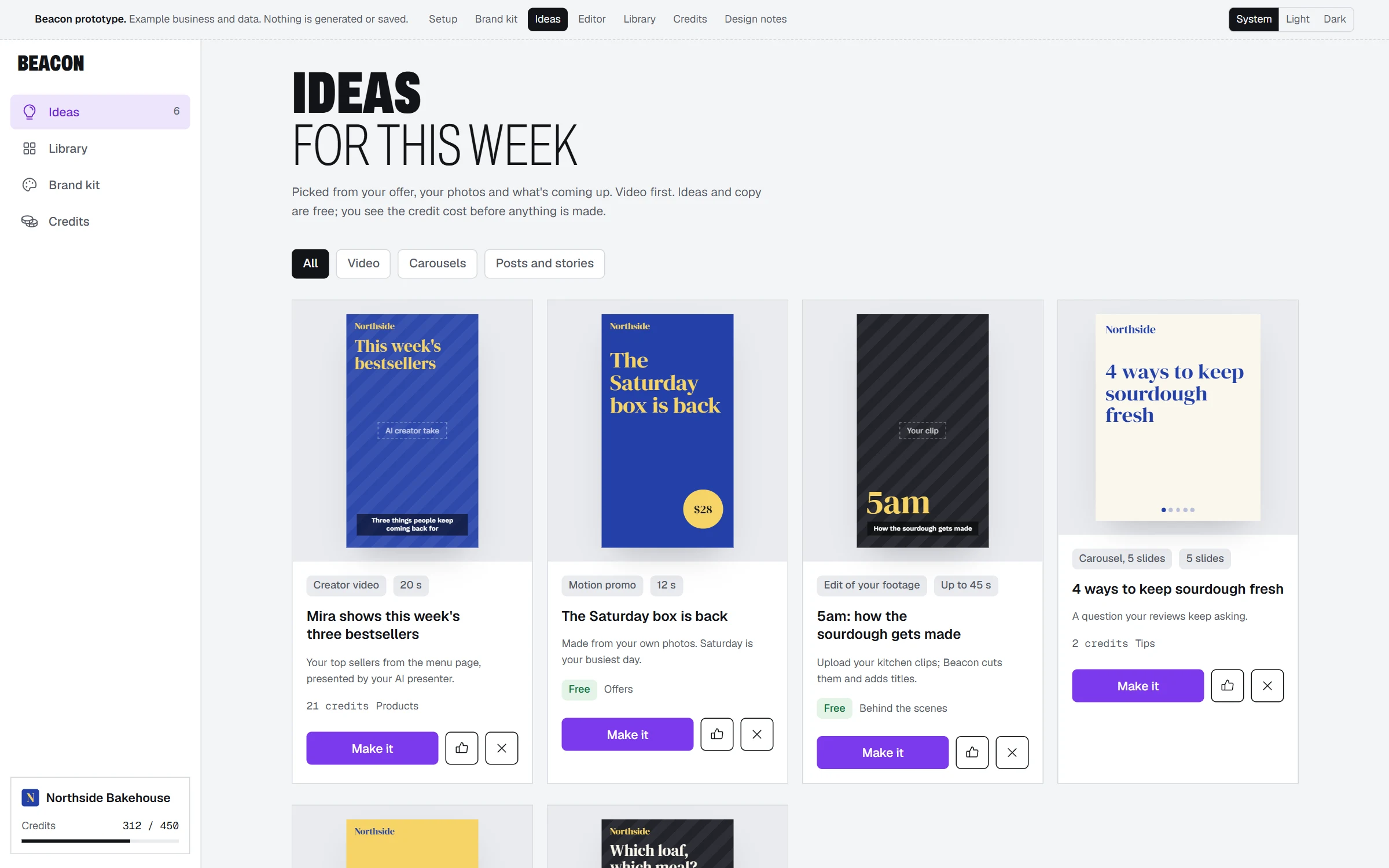 Preview of Beacon's ideas feed for an example bakery: a creator video, a motion promo, an edit of your own footage and a carousel