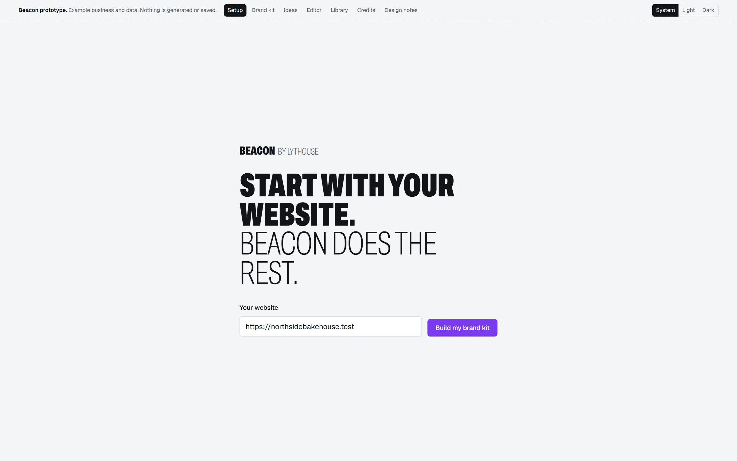 Beacon setup screen: Start with your website, with a single website field