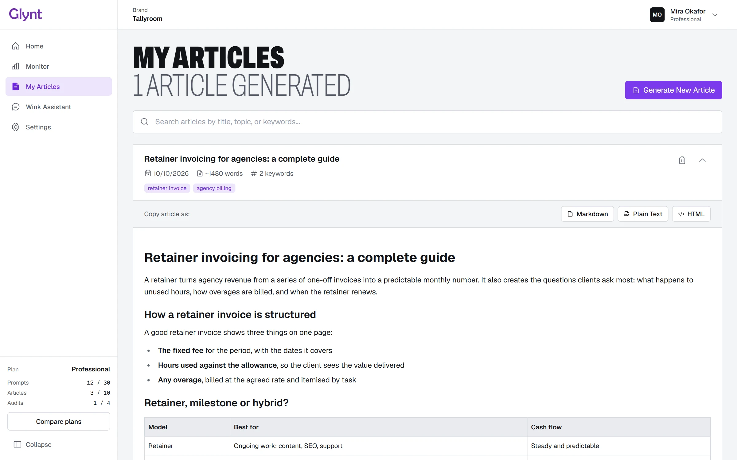 A 1,480-word article Glynt generated, Retainer invoicing for agencies: a complete guide, ready to copy as Markdown, plain text or HTML