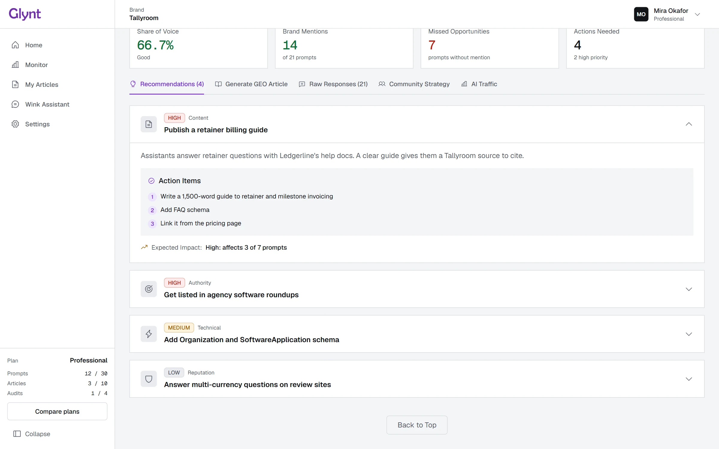 A high-priority Glynt recommendation, Publish a retainer billing guide, with three action items and its expected impact